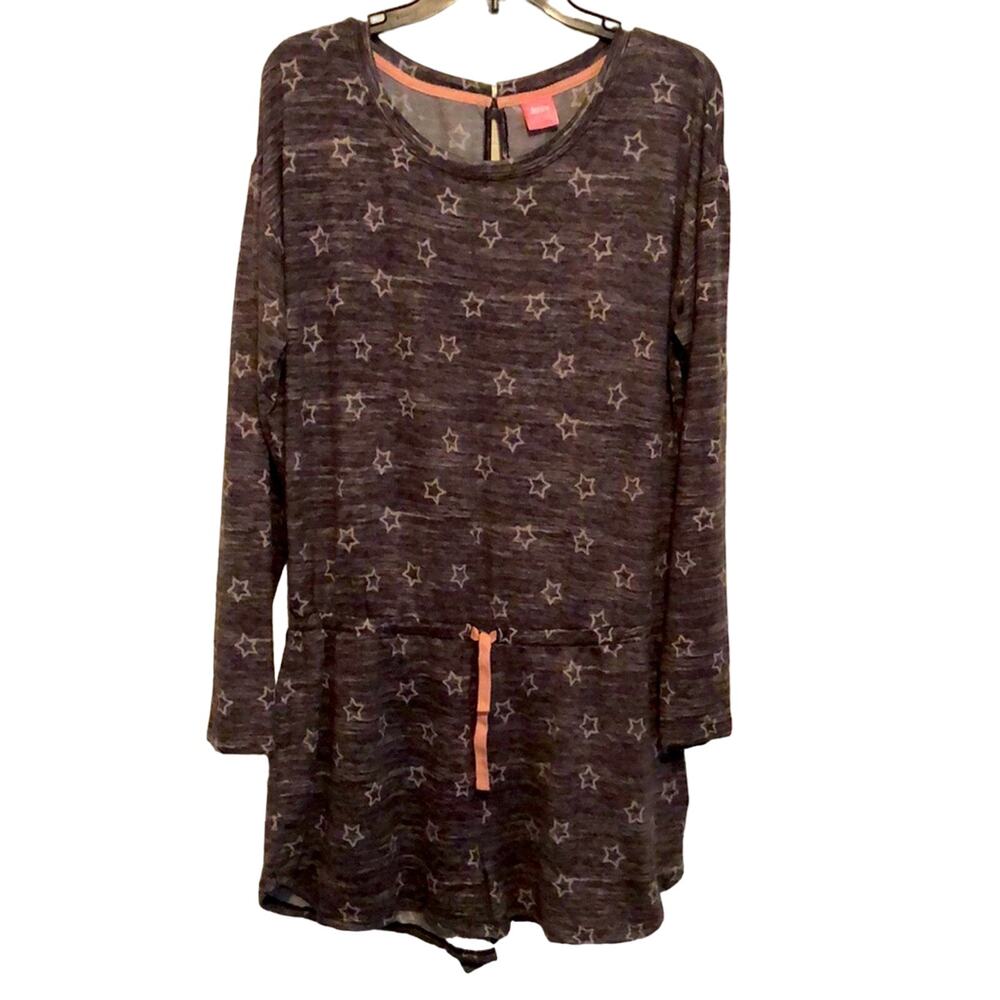 Jenni Intimates Gray Star Print Knit Romper PJ’s Soft Comfy Long Sleeves Size L